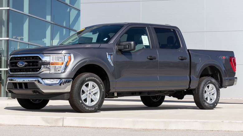 A gray 2021 Ford F-150 pickup truck.