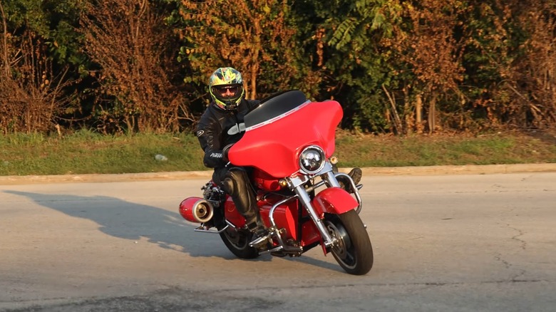 Sean Karr from YouTube channel Bikes and Beards finishing up a test ride of the jet-powered Harley-Davidson