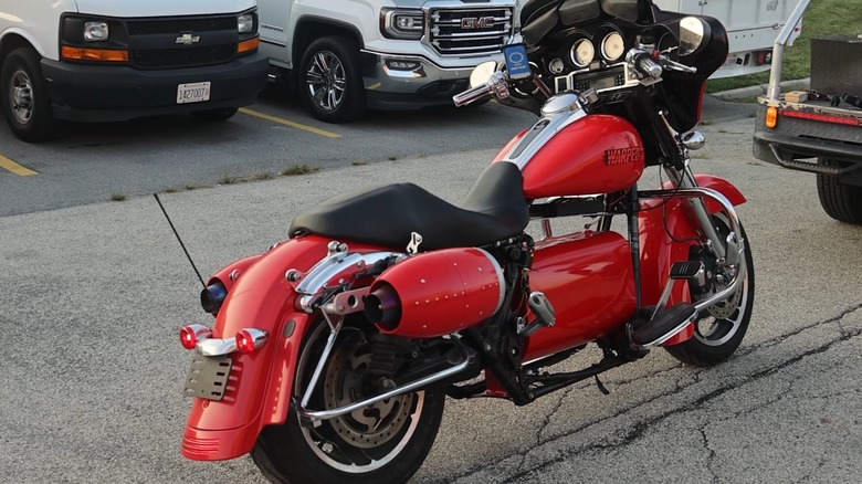 A look from the back and side of the jet-powered Harley-Davidson custom build in red
