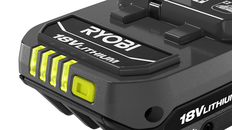 Closeup of the LED charge indicator lights on a Ryobi battery