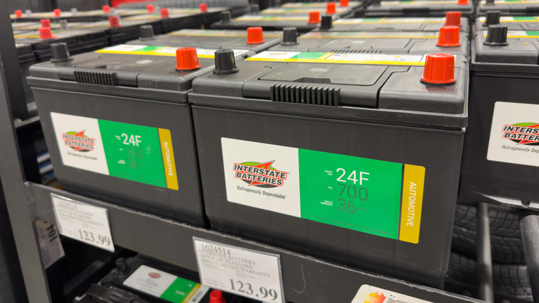 A row of Interstate batteries on sale at Costco.