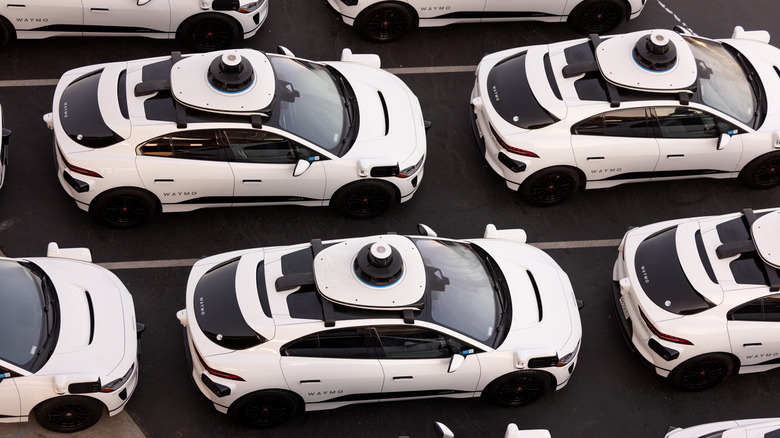 Aerial view of Alphabet's Waymo self-driving car fleet storage facility
