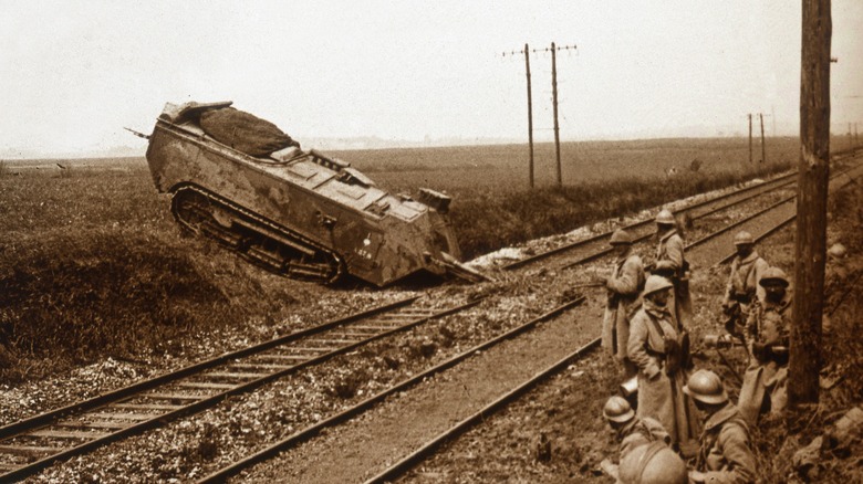 Saint-Chamond stuck on railroad tracks