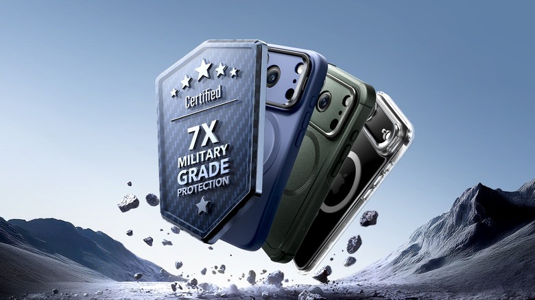 Three phone cases with shield that says "Certified 7x Military Grade Protection"