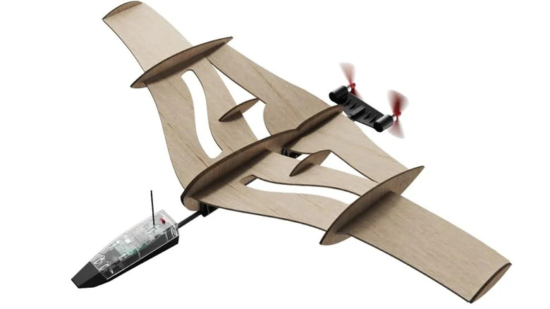Wooden balsa plane with electronic features and an app