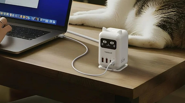 White charging station that resembles a cat