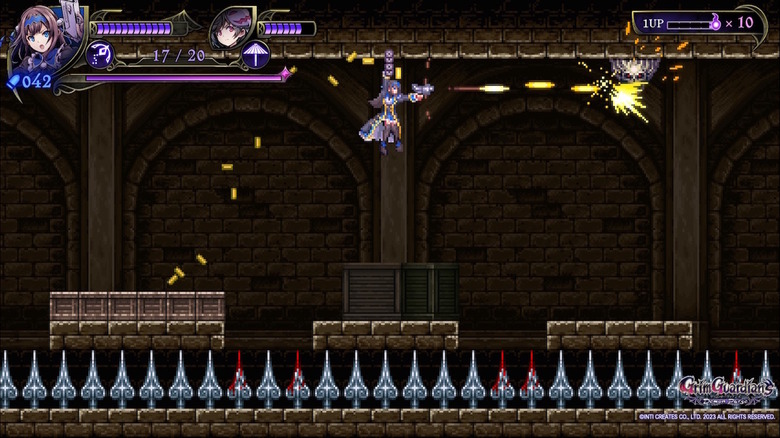 Shinobu hanging from the ceiling while attacking