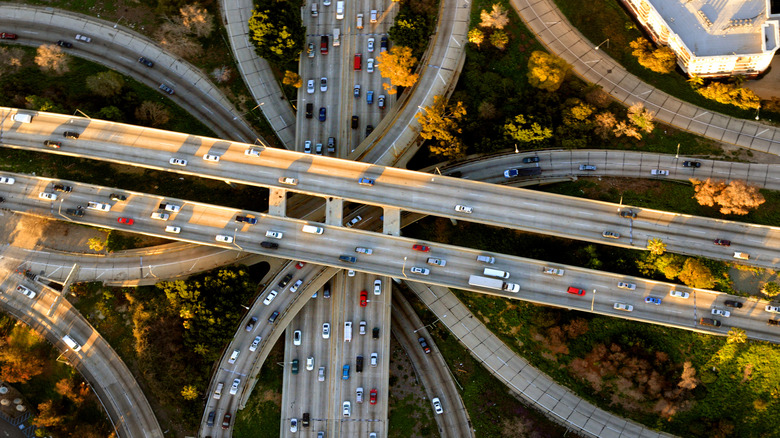 Overhead view of a highway interchange in California.