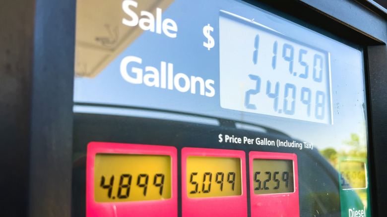 Close-up of a gas pump displaying high prices and a total sale of more than $119