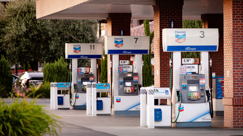 A gas station with multiple pumps.