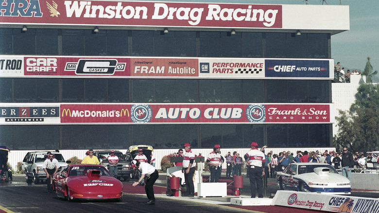 Race cars lining up at NHRA Winternationals in Pomona, California