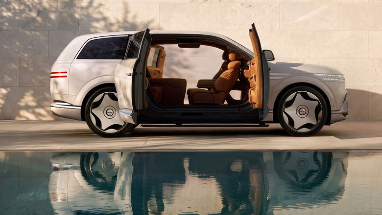 2027 Genesis GV90 SUV side profile with open coach doors