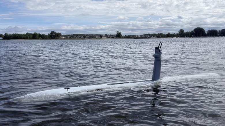 A Gabler Torpedo-Tube-Launched Uncrewed Surface Vessel (TTL USV) breaking the surface of the water