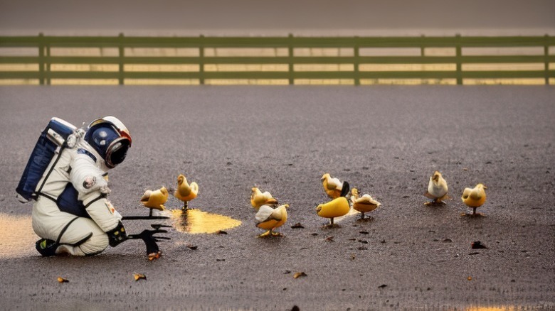 astronaut feeding ducklings AI art