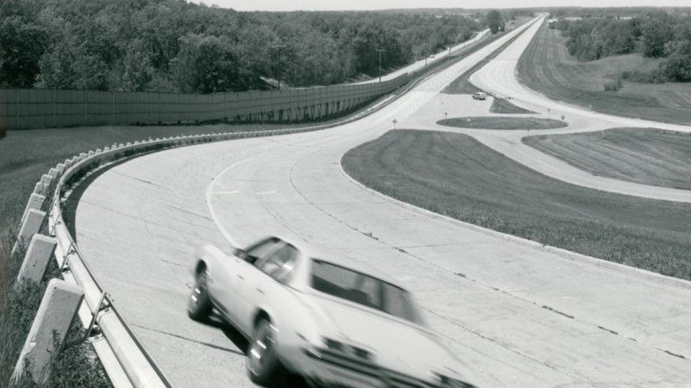 View of GM Milford Proving Ground showing banked track with guardrails