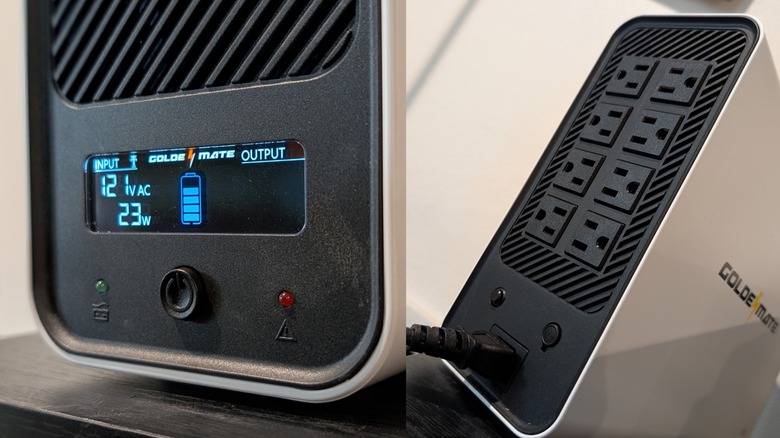GOLDENMATE UPS Battery Backup and Surge Protector display and plugs.