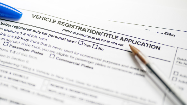 Detail of a vehicle registration application document.