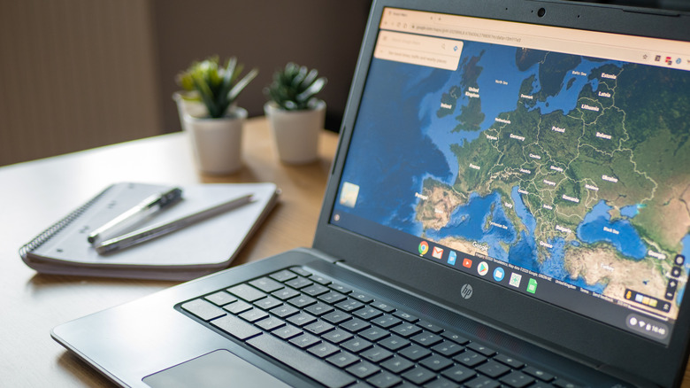 Chromebook showing map on desk