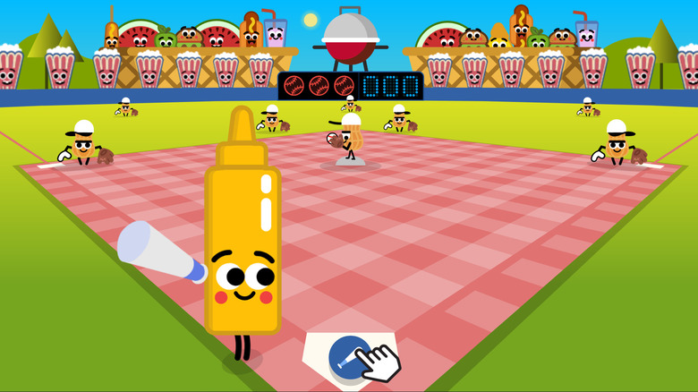 Google Doodle Baseball showing mustard batter at home plate