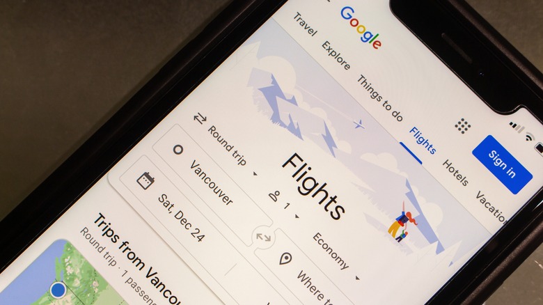 Google flights homepage on smartphone