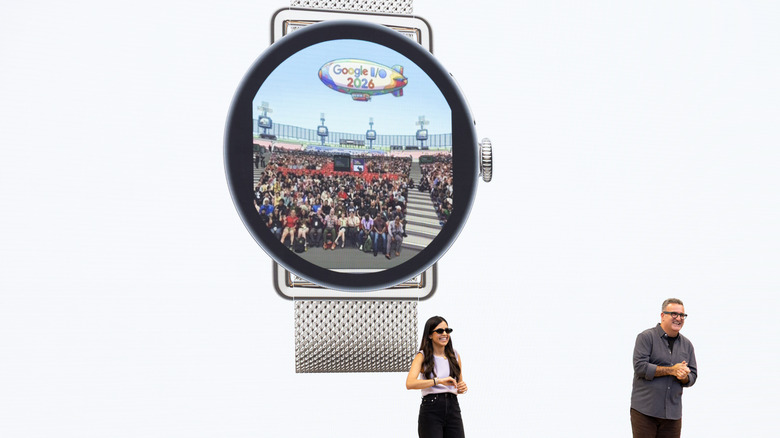 Presenters at a press event showcasing Google's smartwatch integration with its XR glasses