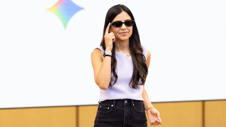 A person wearing Google's XR glasses during the Google I/O keynote