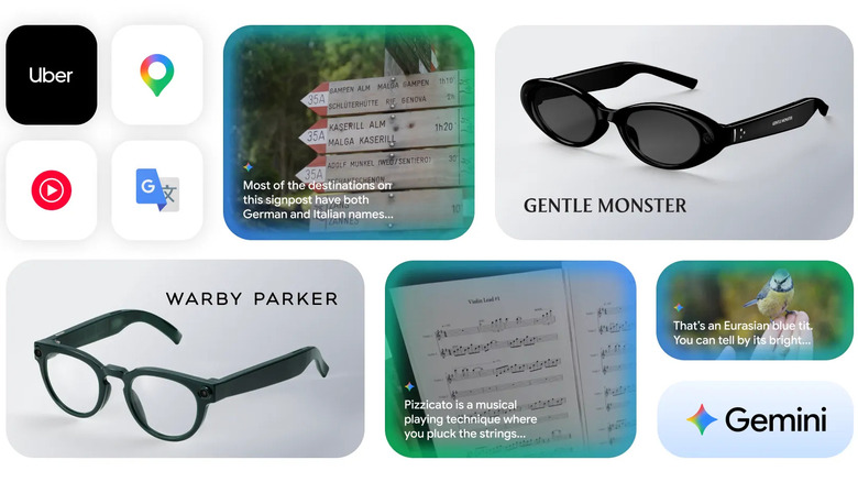 A mockup of Google XR Glasses lice caption features alongside promotional images