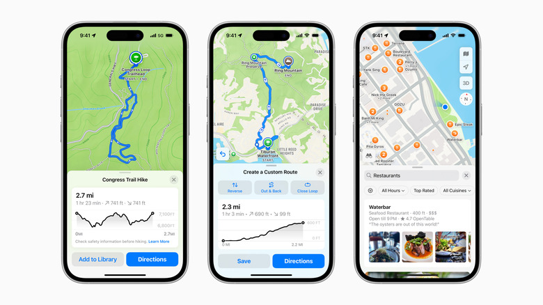 Three Apple smartphones displaying Apple Maps on white background