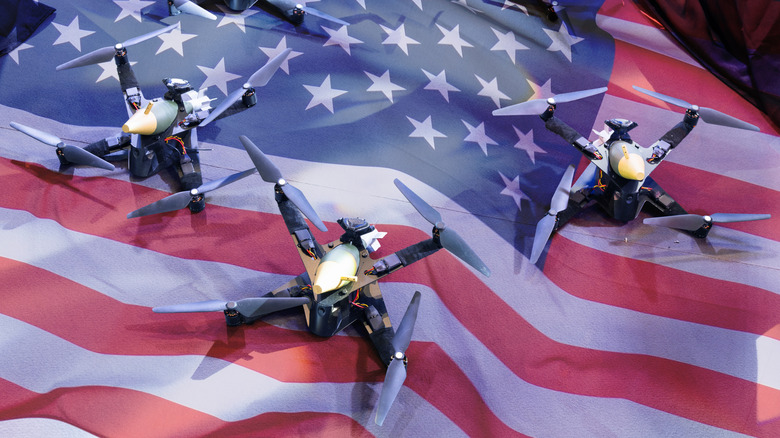 Multiple combat drones on a U.S. flag.