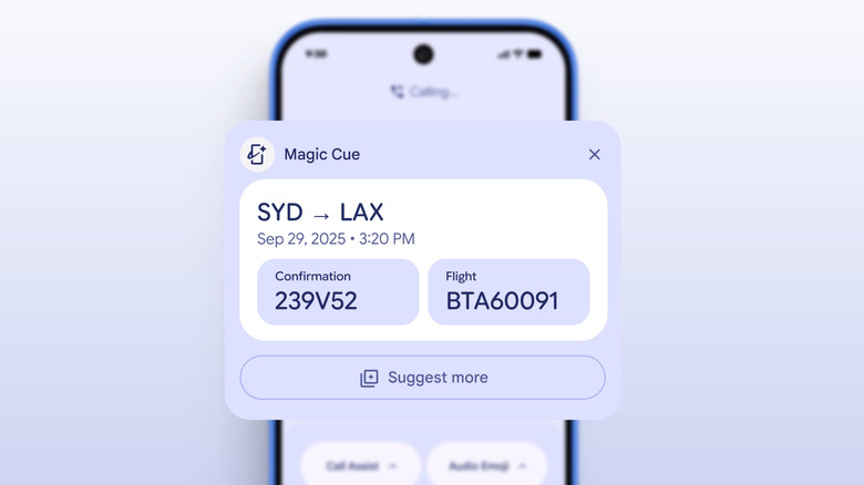A Magic Cue notification showing informations about a flight from from Sydney to Los Angeles.