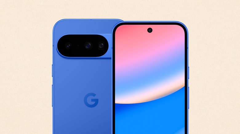 The front and back of the blue Google Pixel 10.