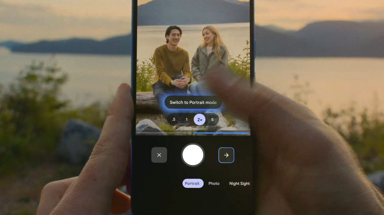 Photo of the Pixel 10 camera mode, taking a picture of two people.