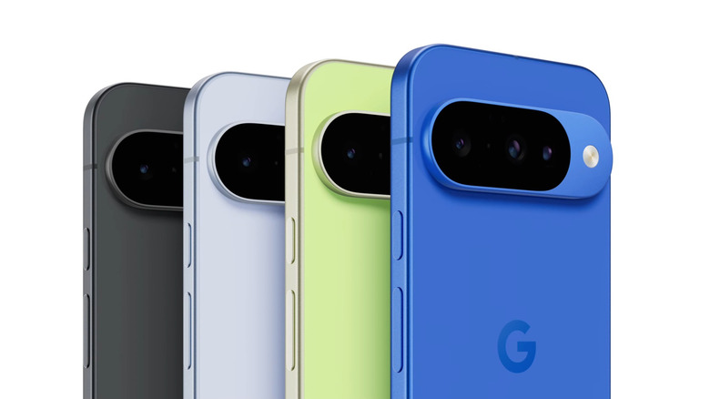 Four Google Pixel 10 phones in black, white, green, and blue.