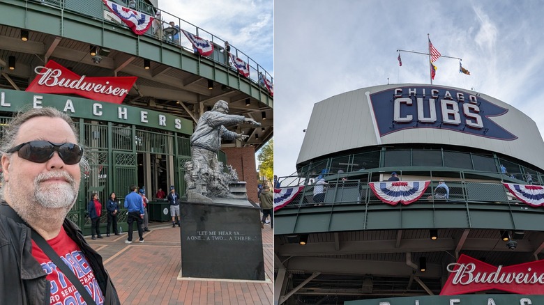 Two photo samples of a man and a marquee at Wrigley Field
