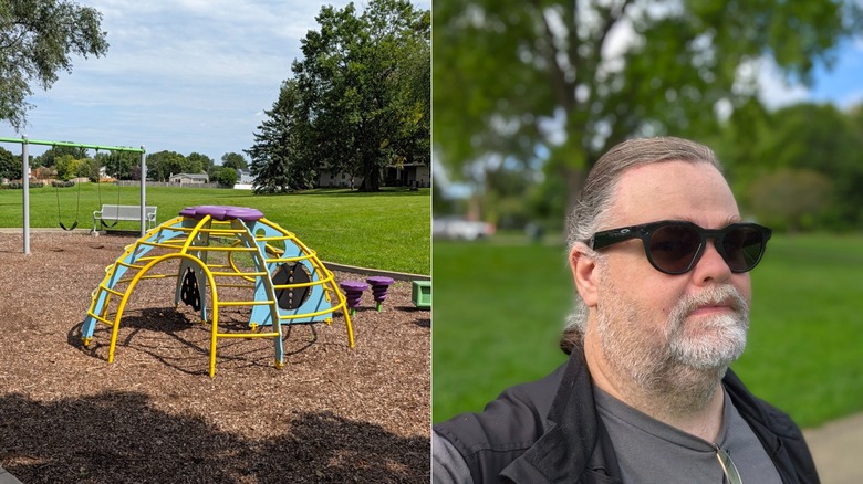 Photo samples of a park and a man wearing sunglasses