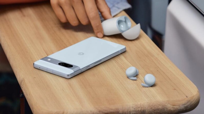 The Pixel 7a placed on a table.