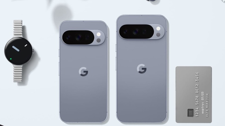 Latest Pixel 10 series devices on a white surface alongside a Pixel Watch and generic credit card