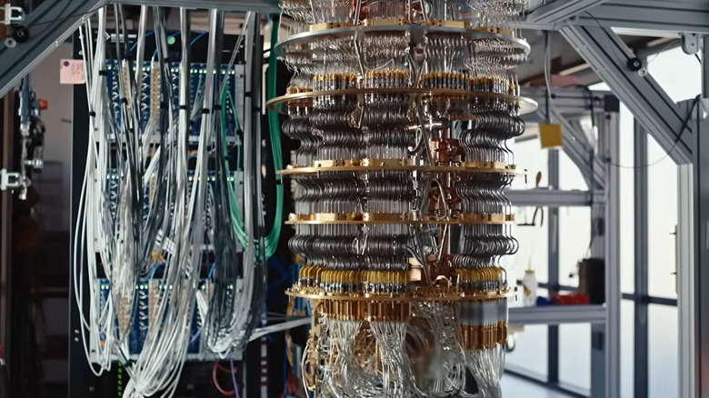 Google Quantum Computer - a chandelier-like structure of wires and components