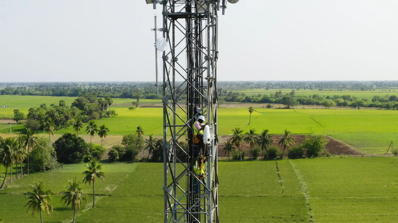 Technicians install the Taara Lightbridge on a cell tower