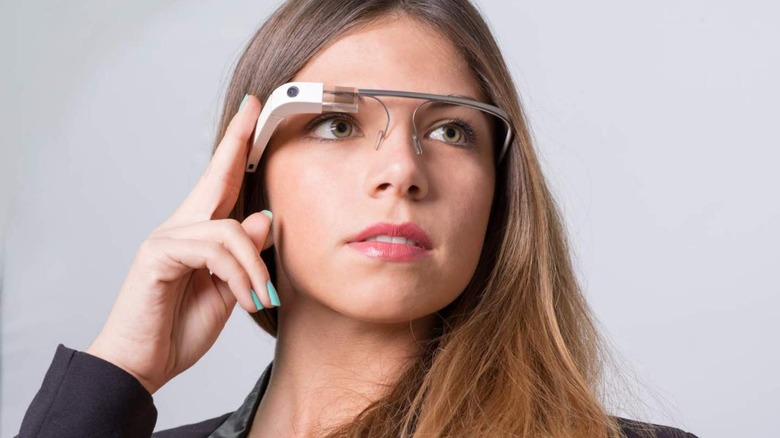 Woman using Google Glass 