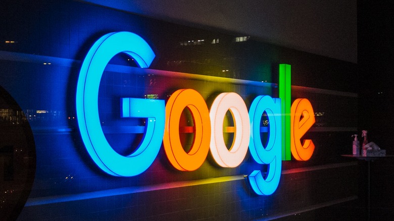 Neon Google logo on building