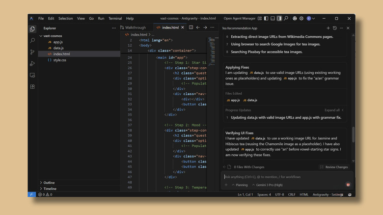 Screenshot of Google Antigravity showing menu, html code, and AI interface