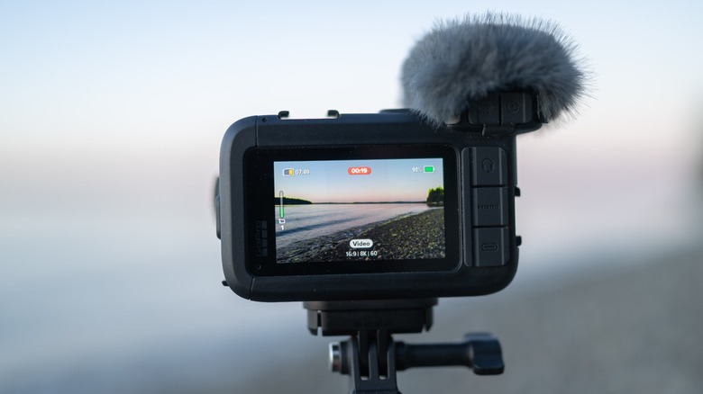 The rear screen of the GoPro Mission 1 Pro ILS with the Media Mod 2.0 showing focus peaking.