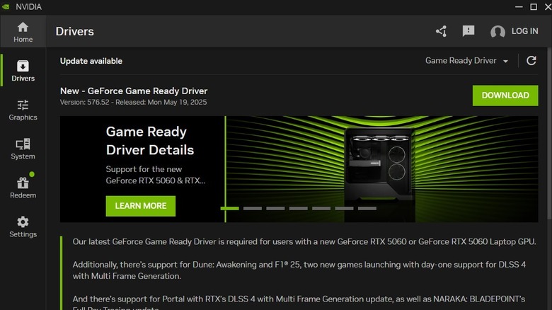 NVIDIA app on PC showing driver update
