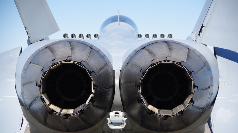 Thrust nozzles of an F18 fighter jet