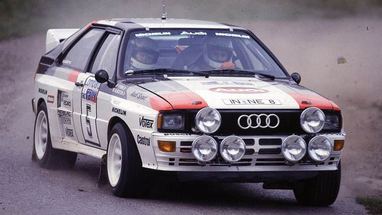 Front right view of Michele Mouton driving Audi S1 Quattro in RAC Rally of Great Britain