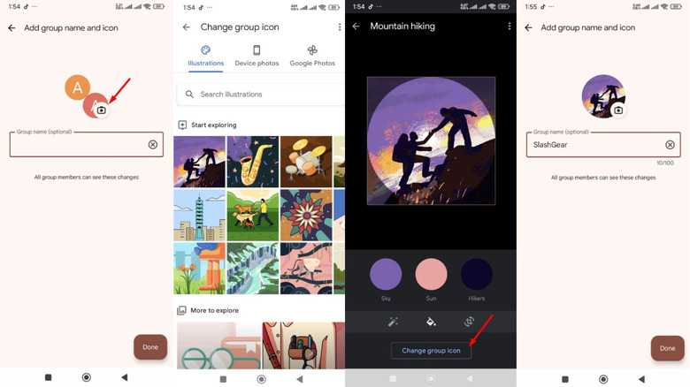 Steps to create a group with a custom icon on Google Messages.