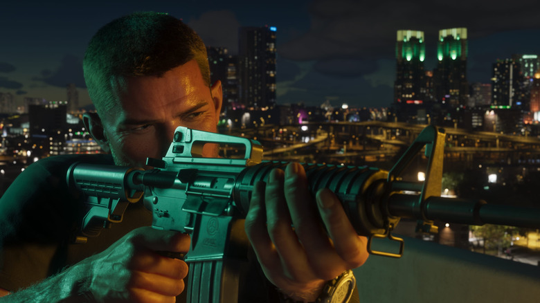 Jason Duvall looks down the sights of an assault rifle in a screenshot from the video game Grand Theft Auto 6.