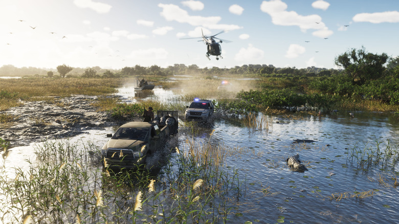 A pickup towing a trailer and a cop car sit in a swamp with alligators in the video game Grand Theft Auto 6.