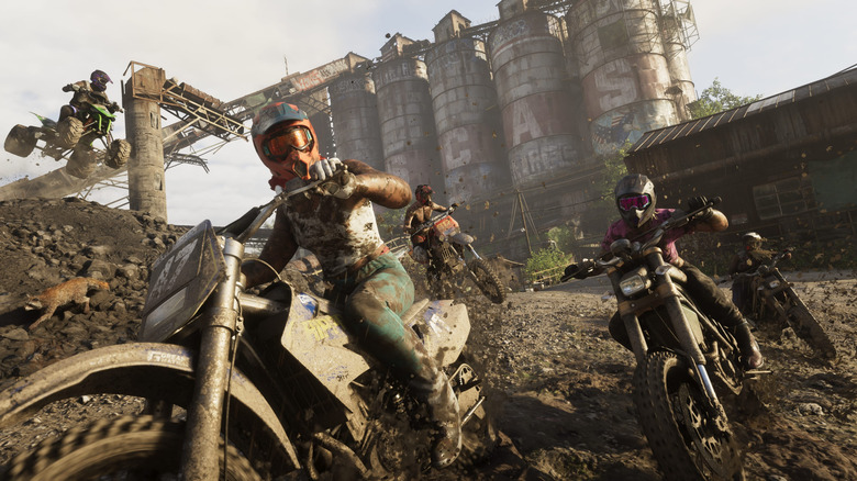 A number of dirtbikes fly past in a screenshot from the video game Grand Theft Auto 6.
